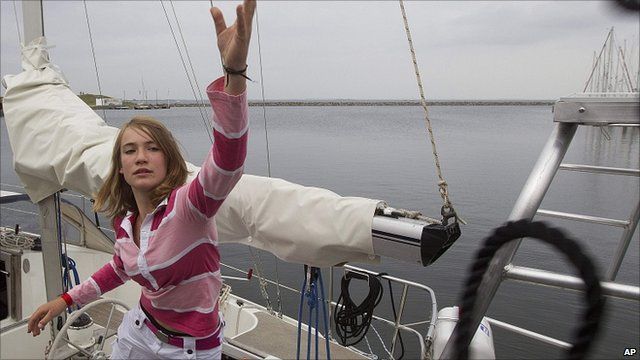 Laura Dekker on her boat in the Netherlands
