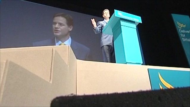 Nick Clegg on stage at conference