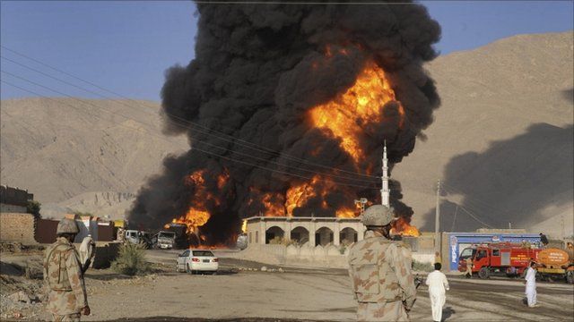 Burning oil tanker