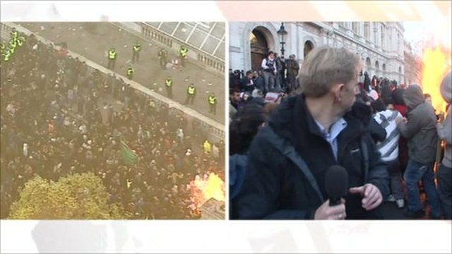 Fire exploding at student demo