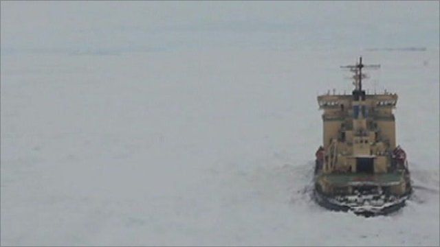Ship trapped in the Sea of Okhotsk
