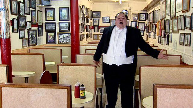Luigi Corvi singing in his chippy in Glasgow