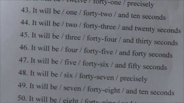 Text for the speaking clock announcer