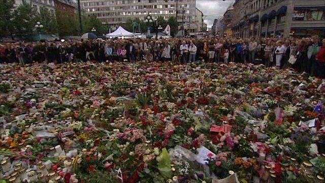 Floral tributes left outside the cathedral in Oslo