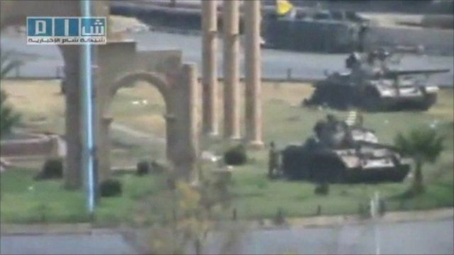 Still from footage posted online purporting to show tanks in Hama