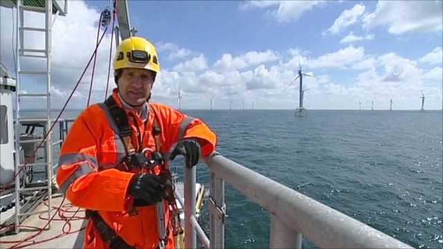 David Shukman on a wind turbine