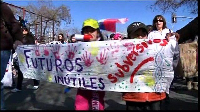 Chilean school children protesting in the capital, Santiago.