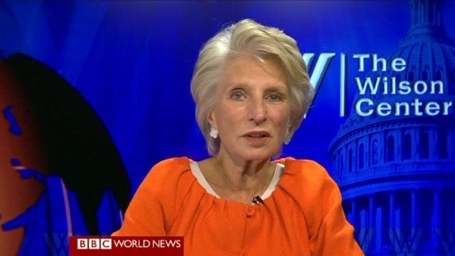 Congresswoman Jane Harman is interviewed by the BBC's Katty Kay on World News America in Washington, DC 4 June 2012