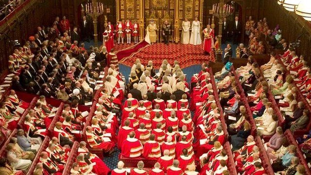 Queen Elizabeth II opens Parliament speaking in the chamber of The House of Lords
