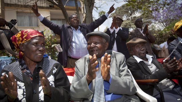 The claimants, (l-r) Jane Muthoni Mara, Wambuga Wa Nyingi and Paulo Muoka Nzili celebrated the news in Nairobi, Kenya