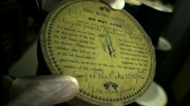 Wax-cylinder containing recordings of the Wall family Christmas, 1902