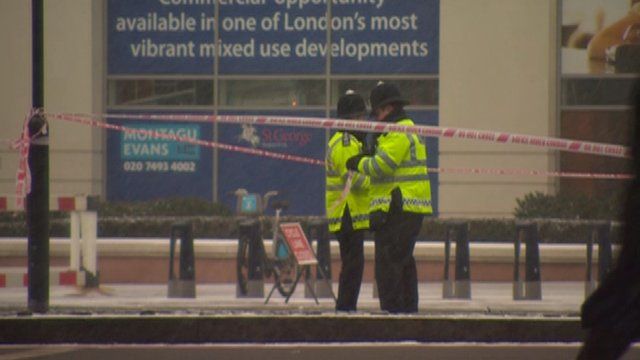 Scene of helicopter crash in Vauxhall, south London, on Friday, in the snow
