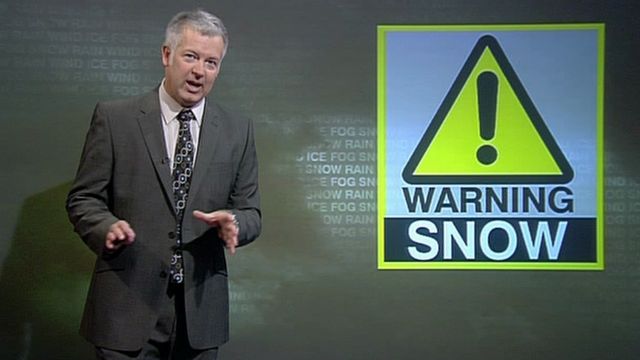 Derek Brockway delivering snow warning for Wales