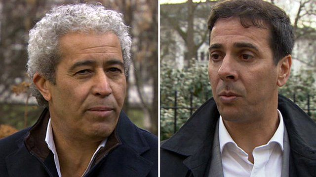 Montage image of two British Libyans injured outside the embassy in London in 1984 - Mahmoud Alagori (L) and Adel Mansouri (R)