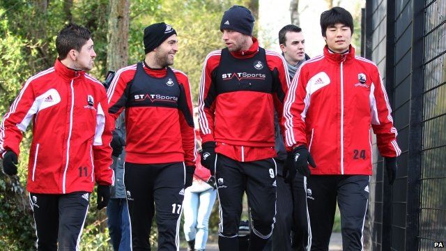 Pablo Hernandez, Itay Shechter, Michu and Ki Sung-Yong during at the Liberty Stadium, Swansea