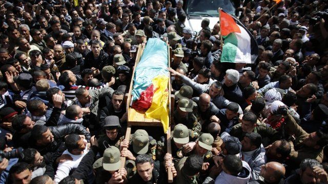 Palestinians carry the body of Arafat Jaradat during his funeral in the West Bank village of Saeer, near Hebron