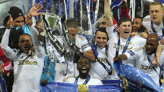 Swansea City players celebrating