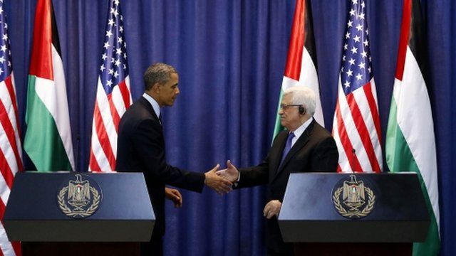 US President Obama and Palestinian President Abbas shaking hands
