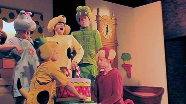 Characters in a "relaxed performance" of Spot's Birthday Party
