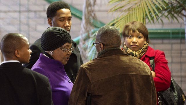 Winnie Madikizela-Mandela leaves the Mediclinic Heart Hospital in Pretoria, accompanied by her daughter and grandson