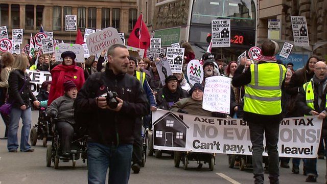 People protesting against the housing benefits cuts