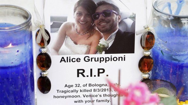 A picture of Alice Gruppioni and her husband Christian Casadei, a tourist couple on their honeymoon from Bologna, Italy