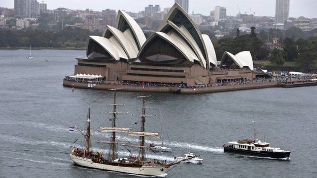 Tall ship in front of Sydney Opera House
