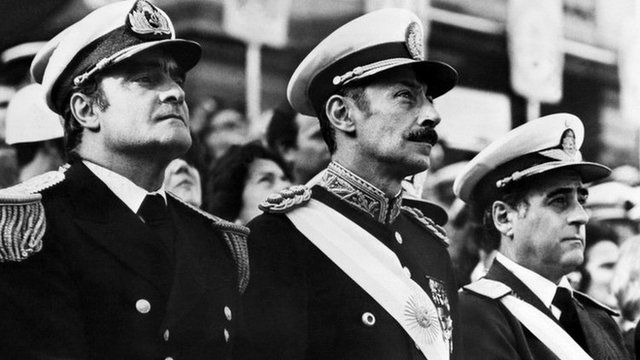 Argentine junta, 1977: Gen Agosti, Gen Videla, Adm Massera