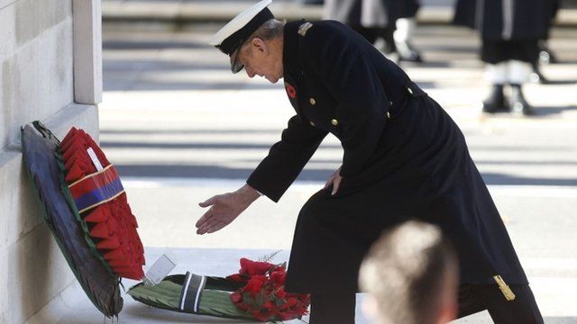 Britain's Prince Philip lays a wreath at the annual Remembrance Sunday ceremony at the Cenotaph in London November 10, 2013