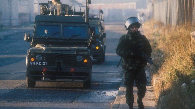 British army soldiers patrol the streets of Belfast in Northern Ireland