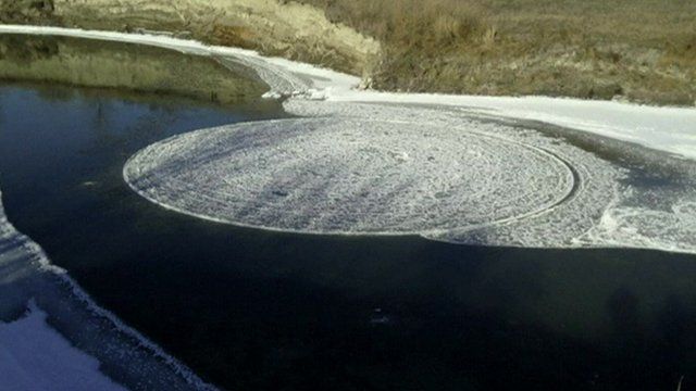 The disk of ice spinning in the Sheyenne River
