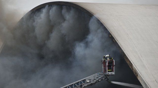 The Latin America Memorial auditorium on fire