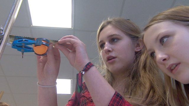 Girls in physics class at Cheney School
