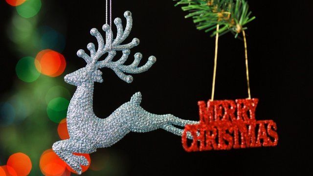 reindeer and sign hanging off a tree