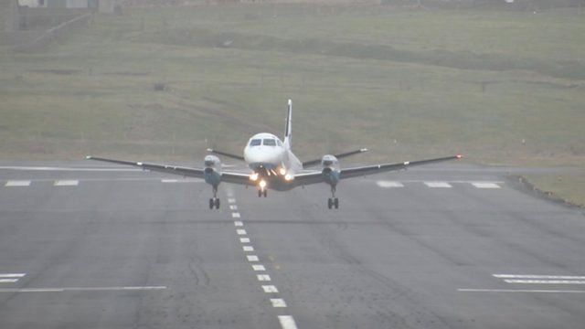 The FlyBe plane from Sumburgh to Edinburgh taking off at an angle