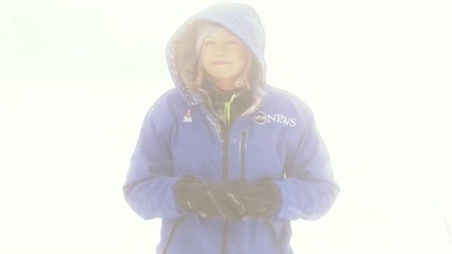 ABC news correspondent Linzie Janis in a snow storm in Buffalo in New York