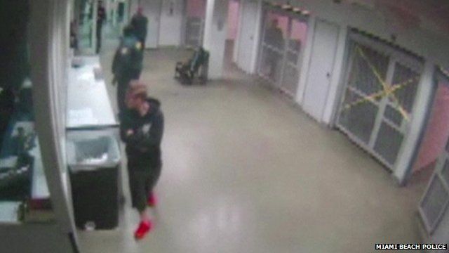 Still from Miami Beach Police CCTV shows Justin Bieber wearing red trainers