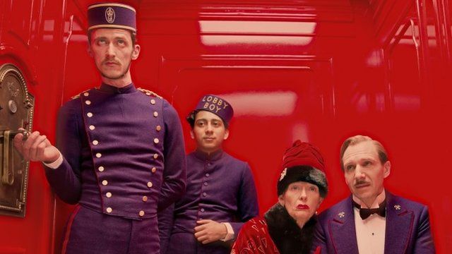 Paul Schlase, Tony Revelori, Tilda Swinton and Ralph Fiennes in The Grand Budapest Hotel