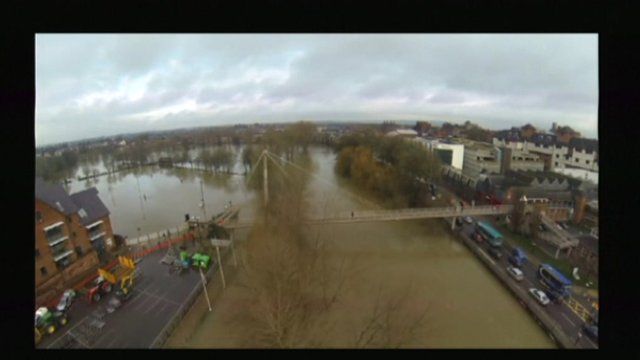 Aerial shot of Shrewsbury in flood