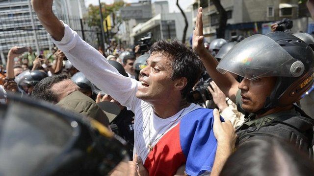 Leopoldo Lopez is escorted by the National Guard after he turned himself in