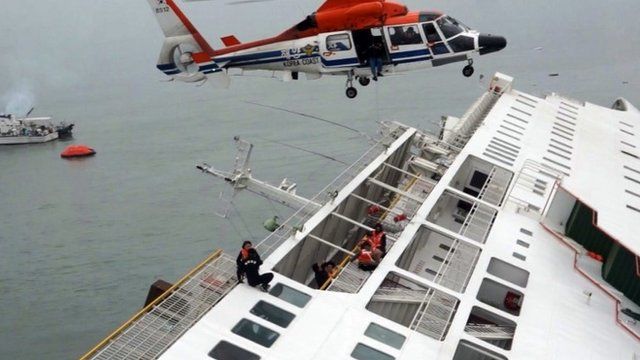 Passengers from a ferry sinking off South Korea's southern coast are rescued by a South Korean Coast Guard helicopter