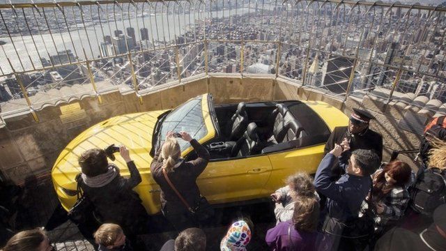 The 2015 Ford Mustang convertible on show on top of the Empire State Building