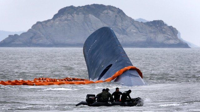 Salvage vessel and the upturned South Korean Sewol ferry