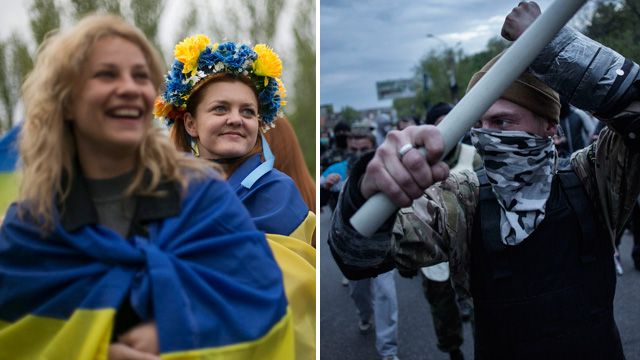 Left- peaceful pro-Ukrainian demonstrators in Donetsk, and right- a pro-Russian activist wields a metal bar
