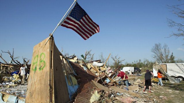 Wreckage of homes after tornado damage