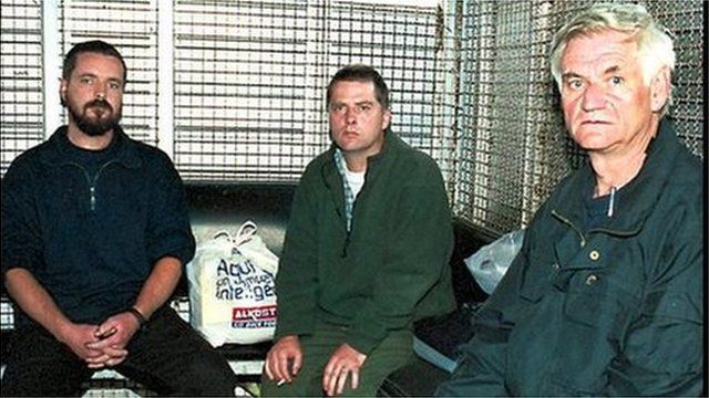 Mr McCauley, seen here in the middle, was arrested along with Niall Connolly and James Monaghan in Colombia in 2001