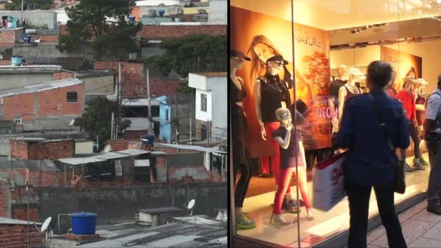 Favela (left), high-end shop (right) in Sao Paulo, Brazil