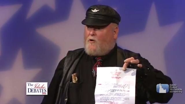 Harley Brown speaks during a Republican debate in Idaho