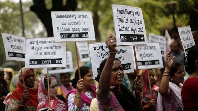 Demonstrators from All India Democratic Women's Association (AIDWA) stage a protest against the rape and killings of two teenage girls, New Delhi, 31 May 2014