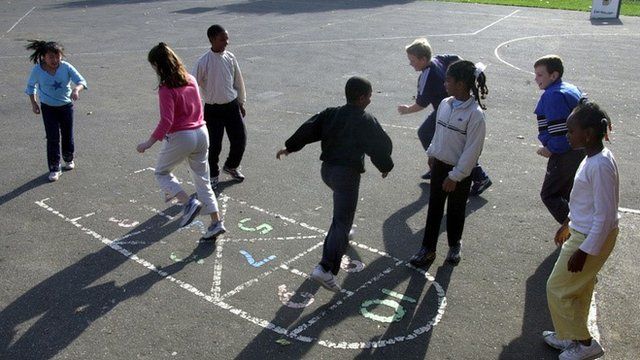 Primary school children playing hopscotch in playground.